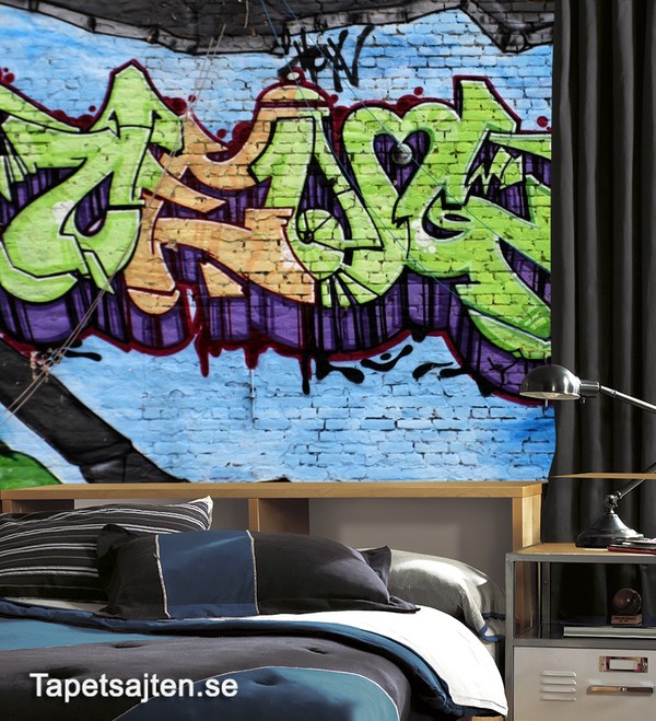 Tuffa Tapeter till Ungdomsrum Graffiti Tapet Ungdomsrum Fototapet Ungdomstapet Cool Tapet Tegel Mur Grön Blå