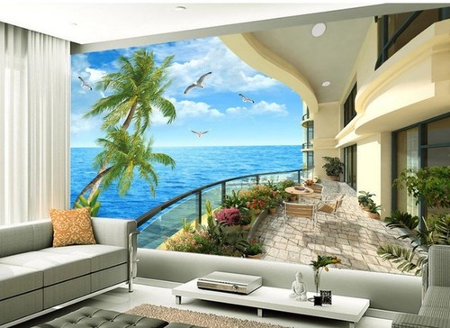 tapet 3d effekt balkong utsikt fototapet tropisk hav palmer fondtapet vardagsrum