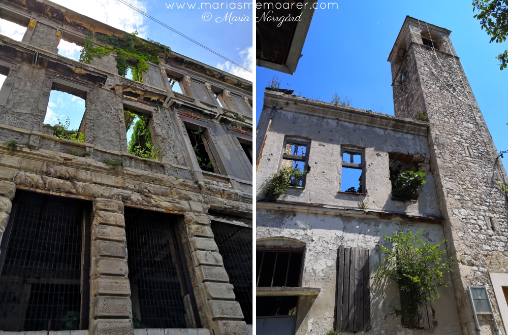 ruiner och skadade fasader från kriget i Mostar, Bosnien