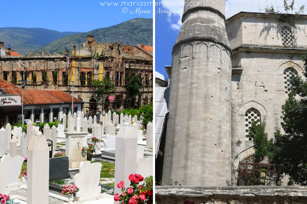 gravgård, skotthål och ruiner i Mostar, Bosnien