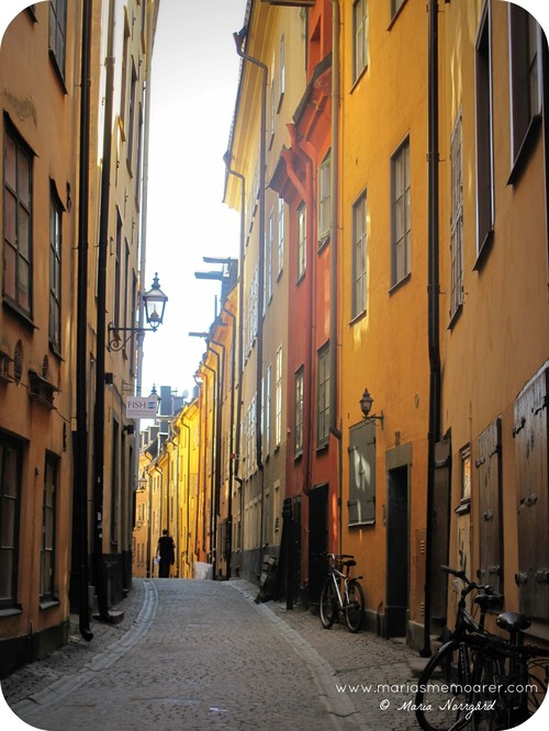 Gator och fasader i gult och röd-orange i Gamla Stan, Stockholm
