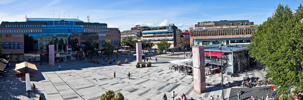 Panoramabild på Stortorget i Gävle från 14 meters höjd.
