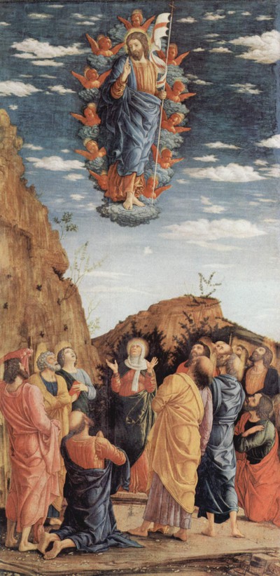 Andrea Mantegnas målning föreställande hur Kristus bärs av änglar. Tempera på trä, målad omkring 1461. Bild  lånad från Wikipedia