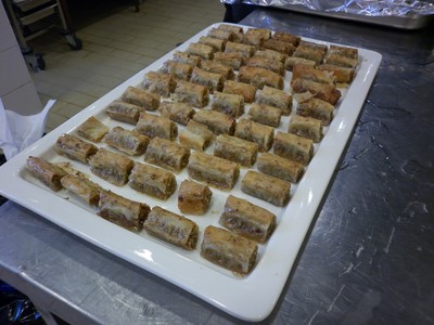 Baklava, nut and fruit with honey raped in filo pastry