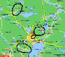 En karta över Falun där man ser platserna för dom olika etapperna 2008